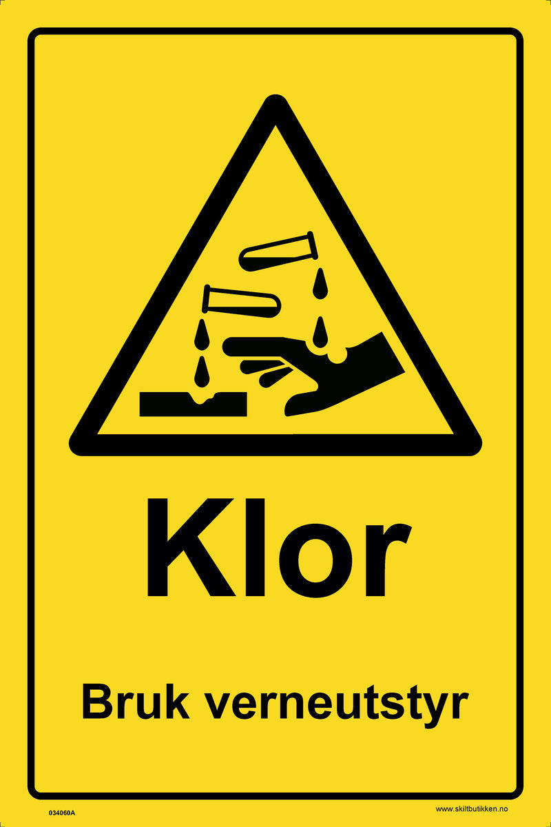 Fareskilt; Klor - Bruk verneutstyr, 20 x 30 cm, varenr 034060A