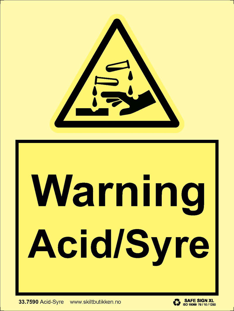 Fareskilt; Warning - Acid / Syre, 20 x 30 cm, varenr 337590