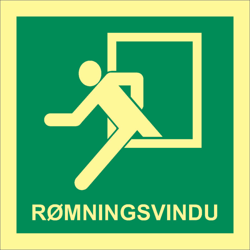 Nød-skilt "Rømningsvindu" 15 x 15 cm alum art nr 37584