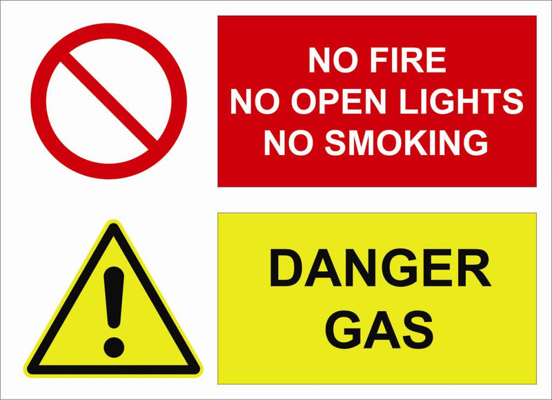 IMO kombi-skilt, NO FIRE, NO OPEN LIGHTS, NO SMOKING/DANGER GAS, 40 x 30 cm