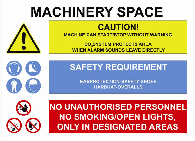 IMO kombi-skilt, MACHINERY SPACE CAUTION!/SAFETY REQUIRENT../NO AUTHORISED PERSONNEL.., 40 x 30 cm